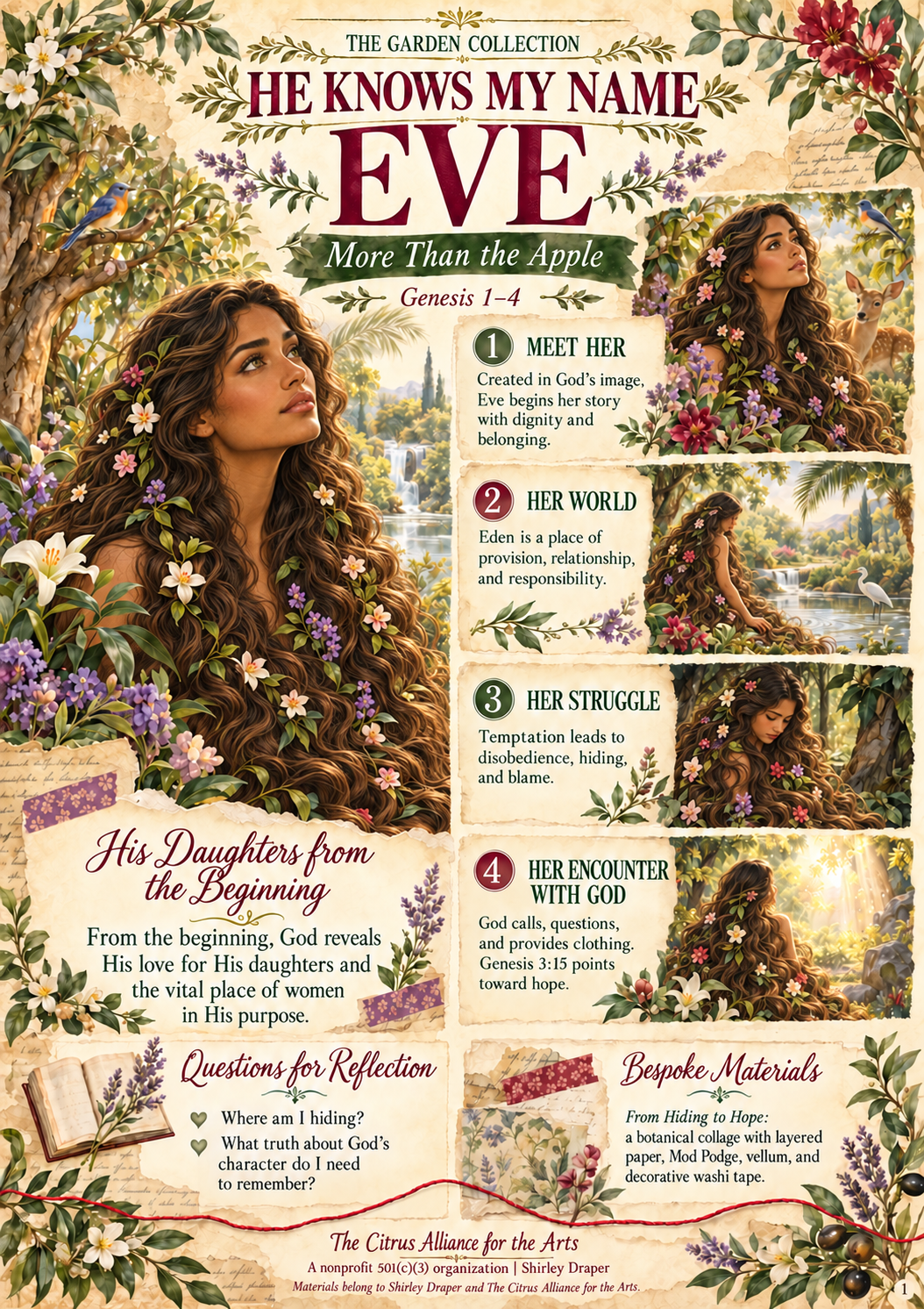 He Knows My Name: Eve, More Than the Apple. Illustrated Garden Collection lesson artwork with flowers and a scarlet thread.